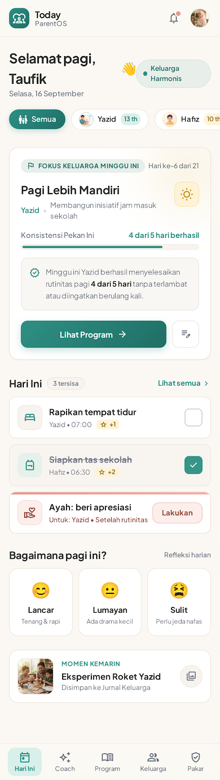 Desain Stitch layar Hari Ini aplikasi Luarga